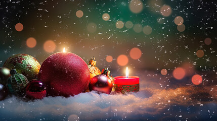 Christmas card with snow and candles. Winter holidays ornament and candles on the Xmas scene.