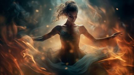 Naklejka premium Beautiful woman in a white dress with a flying veil in the fire