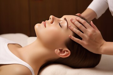 Obraz na płótnie Canvas SPA massage of head, neck of happy woman. Beautiful body wellness relaxation. AI generated.