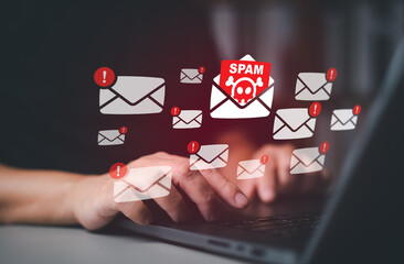 Cyber security awareness. Spam mail pop-up warning. Suspect emails alert. E-mail inbox with spam virus message caution sign for notification on internet threat security. Harmful, Trash and junk mail. - obrazy, fototapety, plakaty