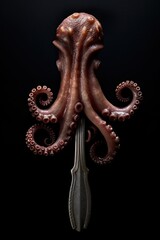 Grilled octopus tentacles on forks isolated on black background. Generative Ai