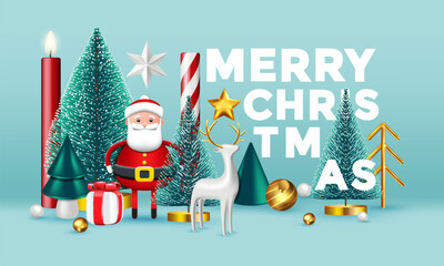 Christmas composition with traditional decoration, Christmas trees, glass ornaments, toy deer and Santa Claus. Christmas greeting card. Vector illustartion
