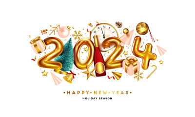 Obraz na płótnie Canvas Happy New Year 2024. Golden metal number on white background. Realistic 3d render sign. Festive realistic decoration. Celebrate party 2024, Web Poster, banner, cover card, brochure, flyer, layout desi