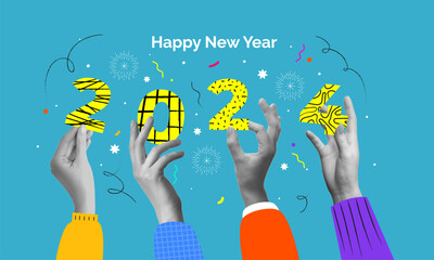 Happy new year collage design with hands holding 2024. Colorful collage style illustrations. Design for poster, banner, greeting and celebration. Vector Illustration