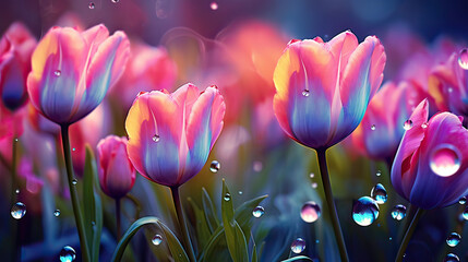 Gleaming droplets of morning dew on tulips, each reflecting a universe within Ai Generative