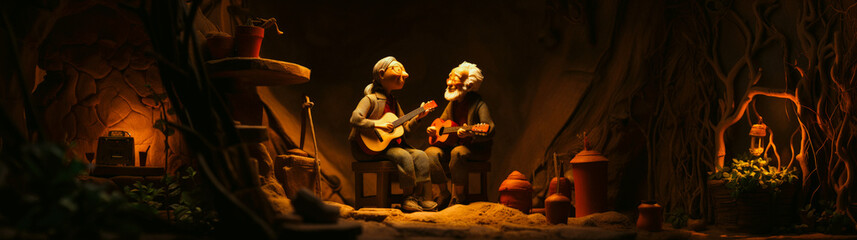 Happy retired senior couple enjoying each other's company while playing guitar. Concept of an enduring and loving relationship enriched with joyful shared experiences.