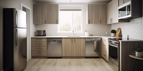 Empty kitchen in wood look with large windows