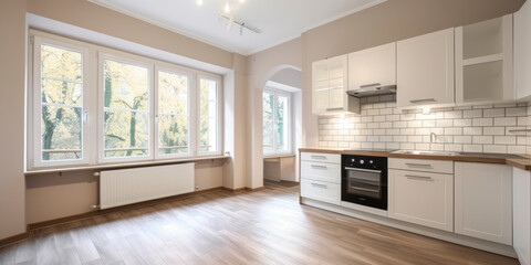 Fototapeta na wymiar Empty kitchen in white and gray with large windows
