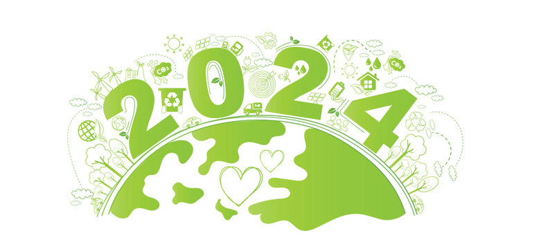 2024 New year, Eco friendly, Sustainability planning concept with globe and World environmental green doodle icons drawing set on white background ,Vector illustration