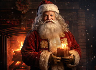 Santa Claus giving a Christmas gift. Xmas winter holiday scene with magic gifts and Santa.