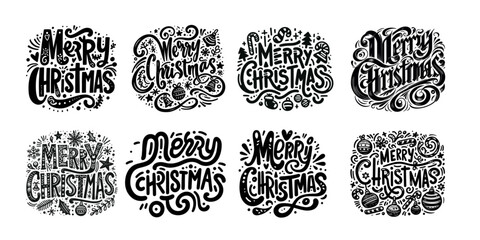 Set of Merry Christmas Vector Illustrations in different cute doodle handwriting styles