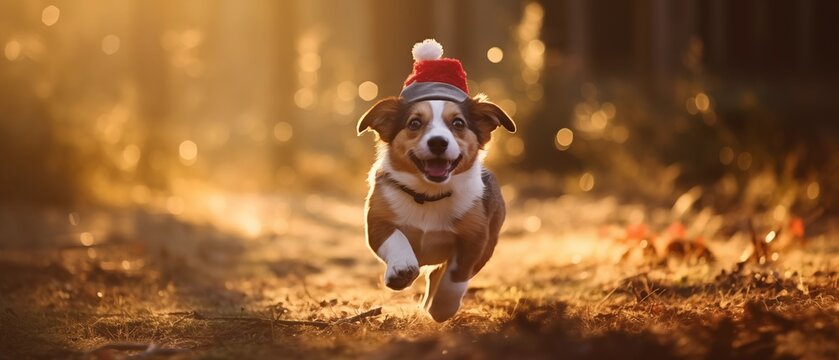 Festive dog in a Christmas hat in the forest