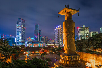 Korea Cityscape at Bongeunsa Temple in Gangnam District of Seoul, Korea.