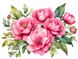 Watercolor vivid pink flowers with green leaves arrangement in bouquet. Beautiful flower element for decoration. 