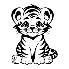 cute baby tiger Monochrome illustration, Tiger silhouette design, Generative AI.