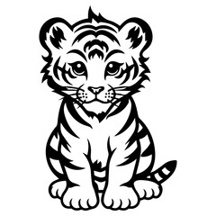 cute baby tiger Monochrome illustration, Tiger silhouette design, Generative AI.
