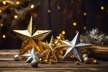 Golden and silver stars and balls on a rustic wooden table and lights in the background