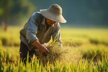 Workers working on a rice field, rice farming rice fields,  rice farm, harvesting rice on a rice fiels, asian rice farm workers