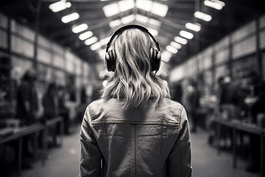 Blonde Girl View From Behind, Walking With Headphones In A Large Hall Or Shopping Mall. Modern Black And White Concept. Generative AI