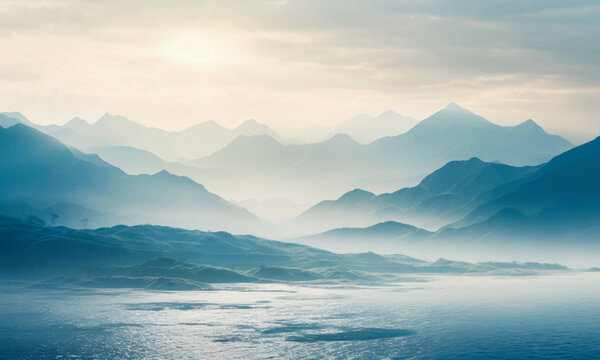 Tranquil Mountain Scenery With A Misty Panoramic Horizon And Blue Heavens 