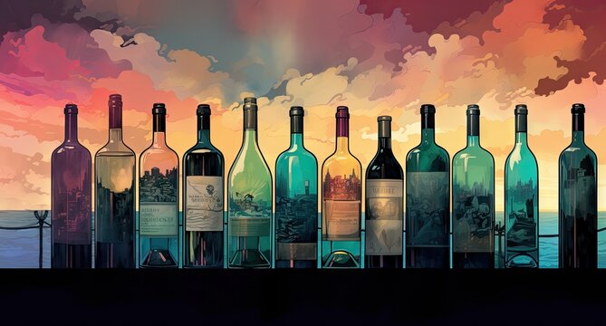 various bottles of wine are displayed on a dark Generative AI
