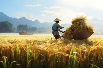 Fototapete Reisfelder Workers working on a rice field, rice farming rice fields,  rice farm, harvesting rice on a rice fiels, asian rice farm workers