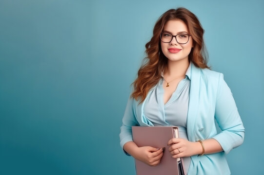 student or teacher Beautiful happy woman plus size model posing on blue background