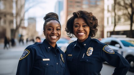 Portrait of African American women police officer standing with smiling on street. - obrazy, fototapety, plakaty