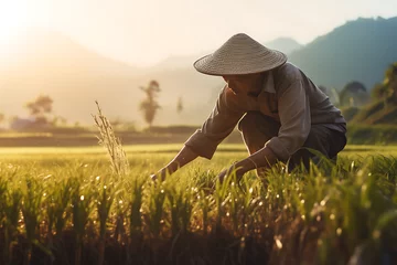 Zelfklevend Fotobehang Workers working on a rice field, rice farming rice fields,  rice farm, harvesting rice on a rice fiels, asian rice farm workers © MrJeans