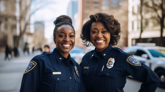 Portrait of African American women police officer standing with smiling on street.