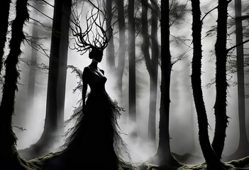 una figura enigmática, cuya forma es una misteriosa fusión de ramas retorcidas en el bosque - obrazy, fototapety, plakaty