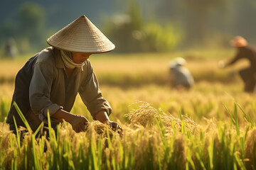 Naklejka na ściany i meble Workers working on a rice field, rice farming rice fields, rice farm, harvesting rice on a rice fiels, asian rice farm workers