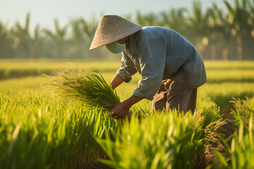 Workers working on a rice field, rice farming rice fields,  rice farm, harvesting rice on a rice fiels, asian rice farm workers