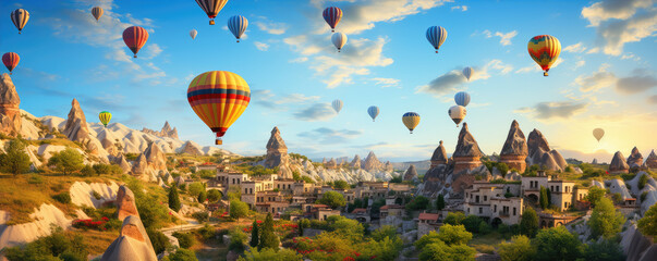 Fototapeta premium Cappadocia, Hot air colores balloons flying over country.