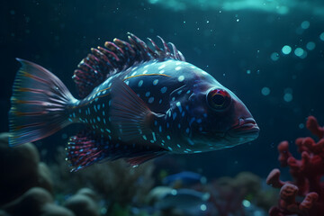 Fototapeta premium Fish swims on the bottom of the ocean.