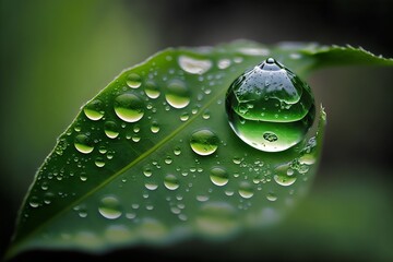 Fototapeta premium Water droplets on green leaf. Nature background. Generative AI.