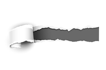 Paper hole with torn edges design template. Royalty high-quality free stock image of elongated torn paper fragments isolated on white background,  hole in the sheet of torn paper fragments overlay