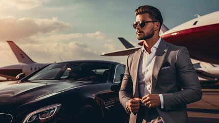 Rich man on luxury car. Luxury travel. Business tourism. - obrazy, fototapety, plakaty