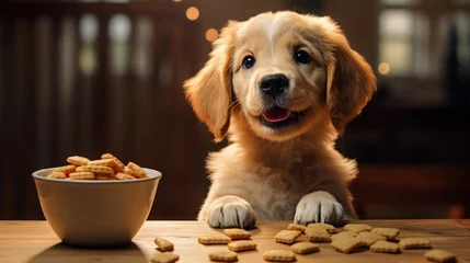 Fotobehang puppy sitting and happily staring at a treat in front of them, copy space, 16:9 © Christian