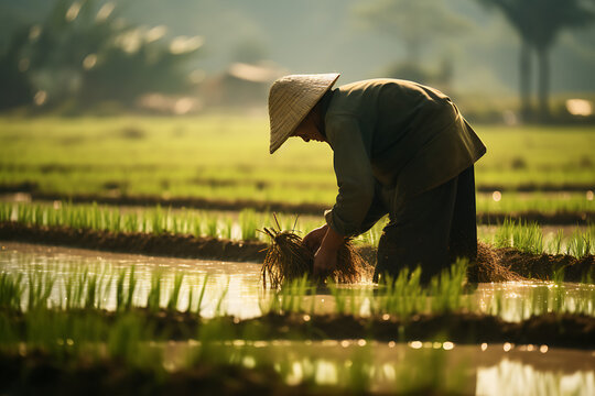 Workers working on a rice field, rice farming rice fields,  rice farm, harvesting rice on a rice fiels, asian rice farm workers
