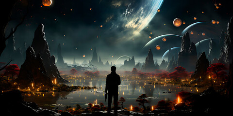 Fantastic night landscape in alien planet