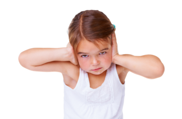 Scared girl child closing ears in portrait for sound, fear or anxiety isolated on transparent png background. Stress, noise and audio, kid with hands on head in anger, pain or protest in childhood.