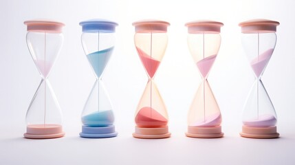Hourglass of unusual material, white background, hourglass shape, fantasy hourglass, pastel color, copy space, 16:9