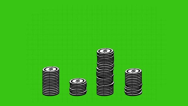 video drawing animation stacked coins and arrow trending up, growing statistical graphic concept. Drawn in black and white. On a green chroma key background
