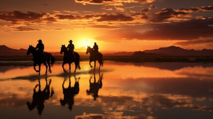 Obraz premium group of people riding horses into the sunset, copy space, 16:9
