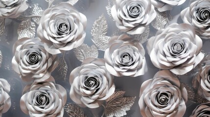 a lot of fake silver roses with leaves on them for decoration