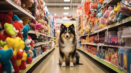 dog walking through a store aisle filled with dog toys, copy space, 16:9 - obrazy, fototapety, plakaty
