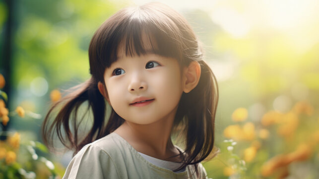 Smiling asian kid have fun. Funny little girl play outdoor. Pretty child enjoy summer. Happy childhood concept. Beautiful cheerful children at kindergarten. Joy positive nice person. Nature background