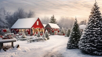 Christmas tree farm covered in snow, ornaments, and other holiday decor, copy space, 16:9 - obrazy, fototapety, plakaty