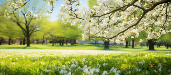 white blossoms decorating an apple tree in a grassy area, landscape-focused - obrazy, fototapety, plakaty
